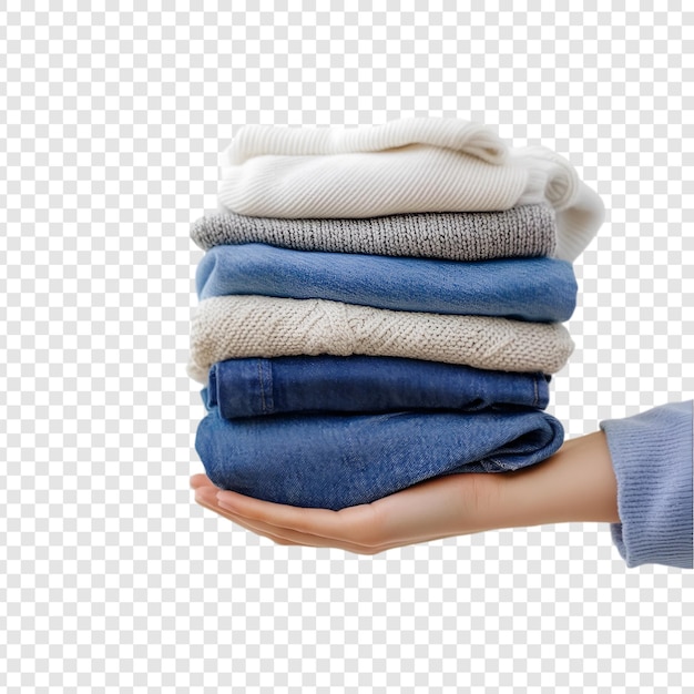 Hand holding folded clothes isolated on a transparent background