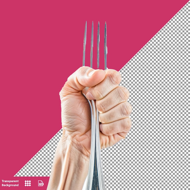 a hand holding a fork with a knife in the middle of it