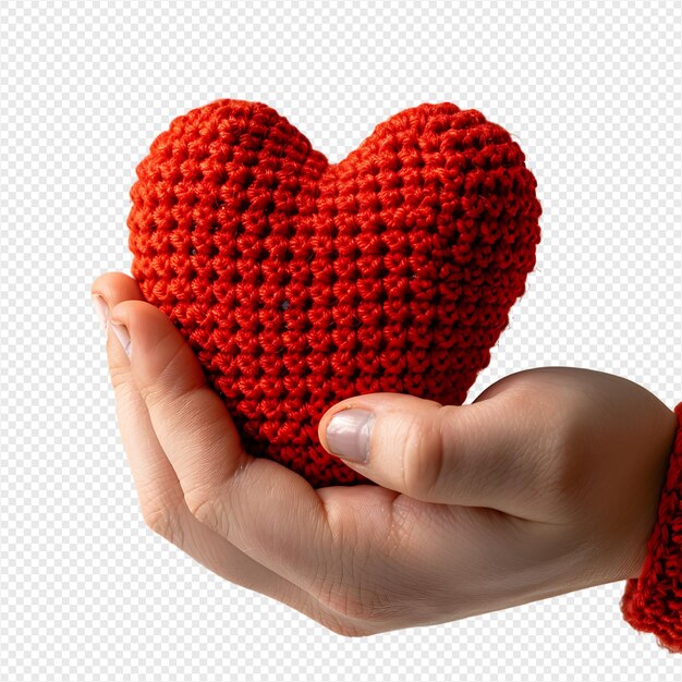 Hand holding heart crochet on isolated transparent background