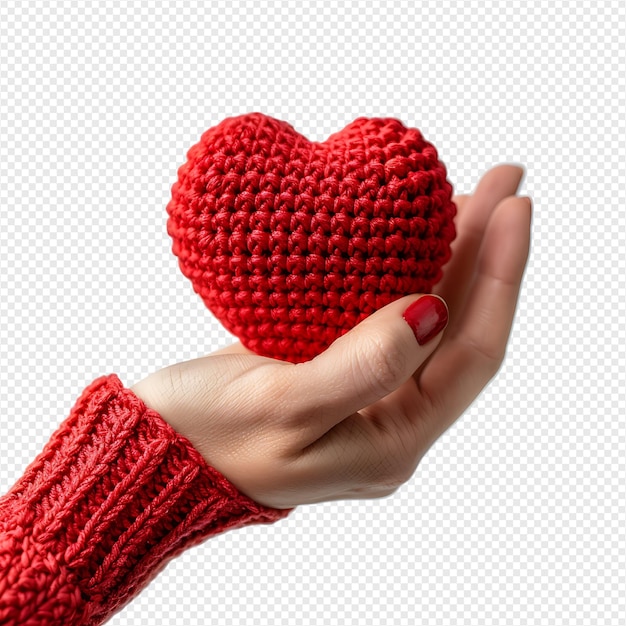 Hand holding heart crochet on isolated transparent background