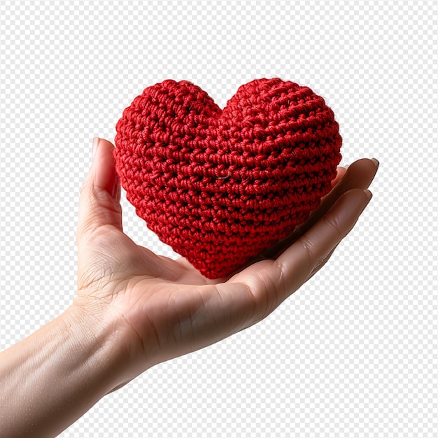 Hand holding heart crochet on isolated transparent background