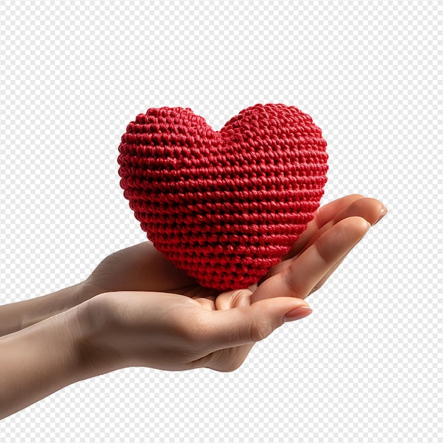 Hand holding heart crochet on isolated transparent background