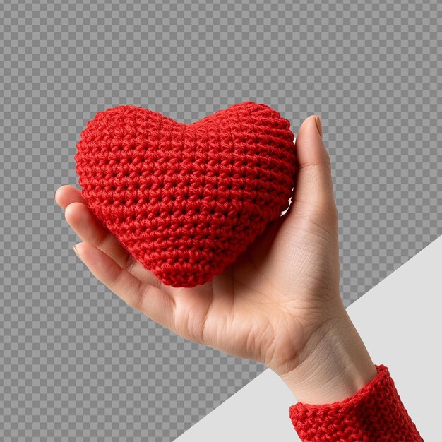 PSD hand holding heart crochet png isolated on transparent background