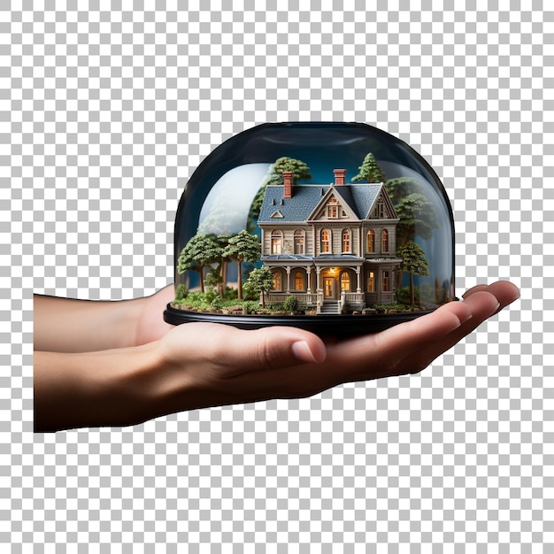 PSD hand holding a house with a picture of a home on a transparent background