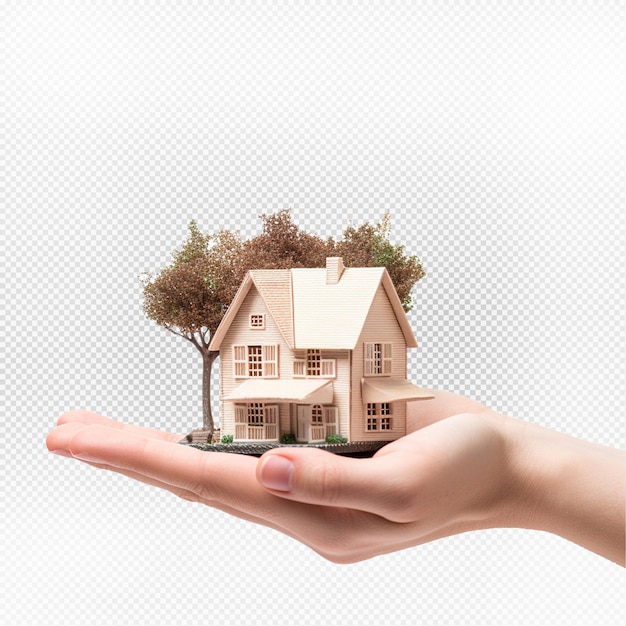 PSD hand holding a house with a tree