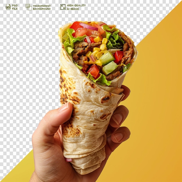 Hand holding kebab grilled meat and vegetables wrapped in pita isolated on transparent background