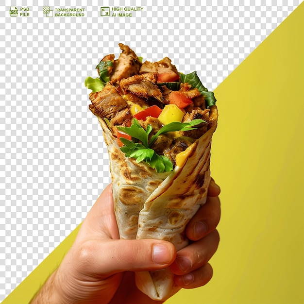 Hand holding kebab grilled meat and vegetables wrapped in pita isolated on transparent background