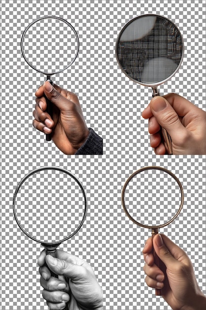 PSD hand holding magnifying glass focused and inquisitive hyperrealistic isolated png with clear transpa