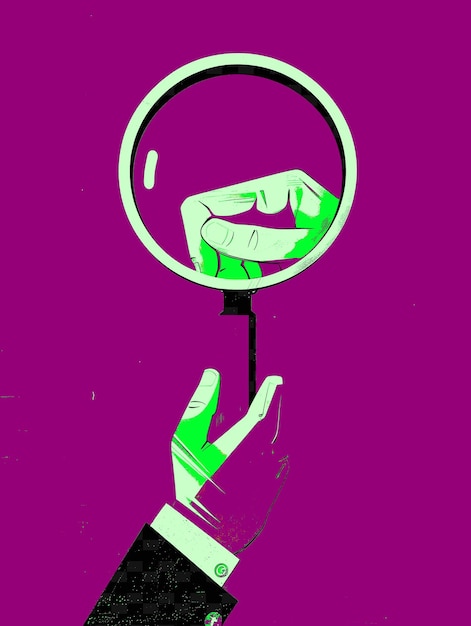 PSD a hand holding a magnifying glass in front of a purple background