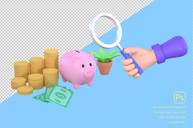 Hand holding magnifying glass and piggy bank coins and banknotes for symbol business saving