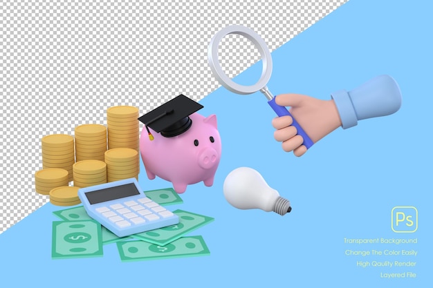 PSD hand holding magnifying glass and piggy bank and graduation cap collecting money for education idea