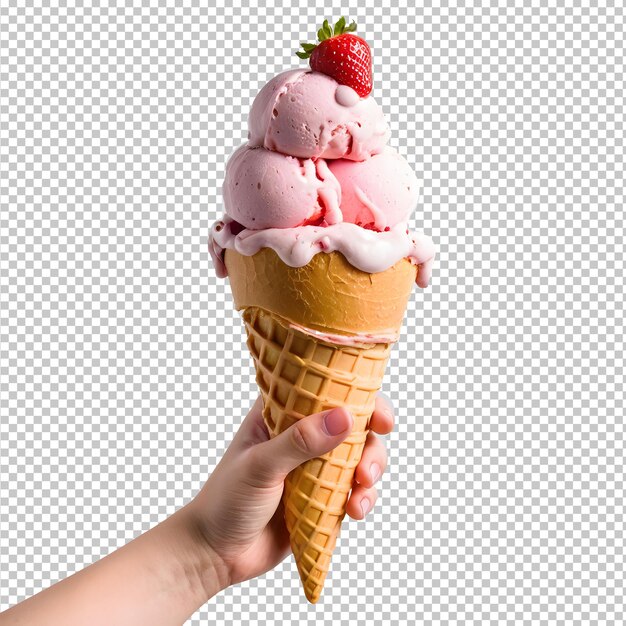 Hand Holding Melting Strawberry Ice Cream cone isolated on transparent background