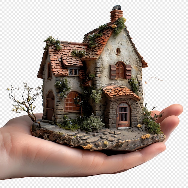 Hand holding miniature house on isolated transparent background