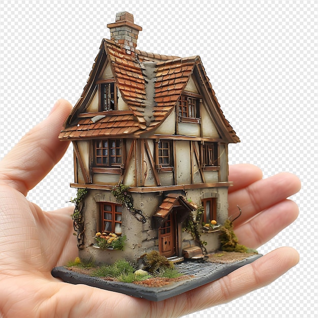 Hand holding miniature house on isolated transparent background