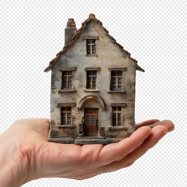 Hand holding miniature house on isolated transparent background