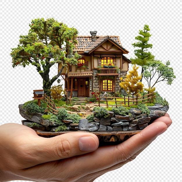 Hand holding miniature house on isolated transparent background