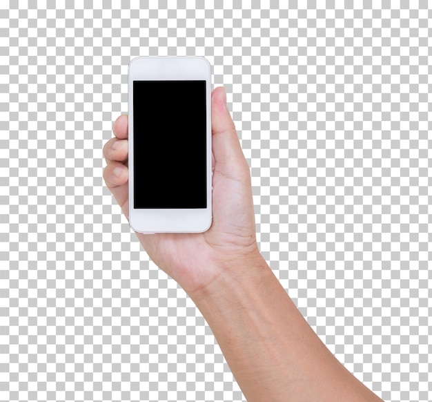 Hand holding mobile phone isolated