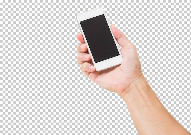 Hand holding mobile phone isolated