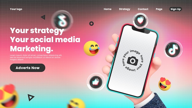 Hand holding mobile smartphone tiktok icons around 3d mockup for tiktok landing page template