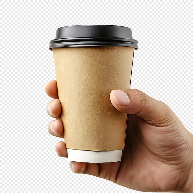 Hand holding paper coffee cup for mockup on isolated transparent background