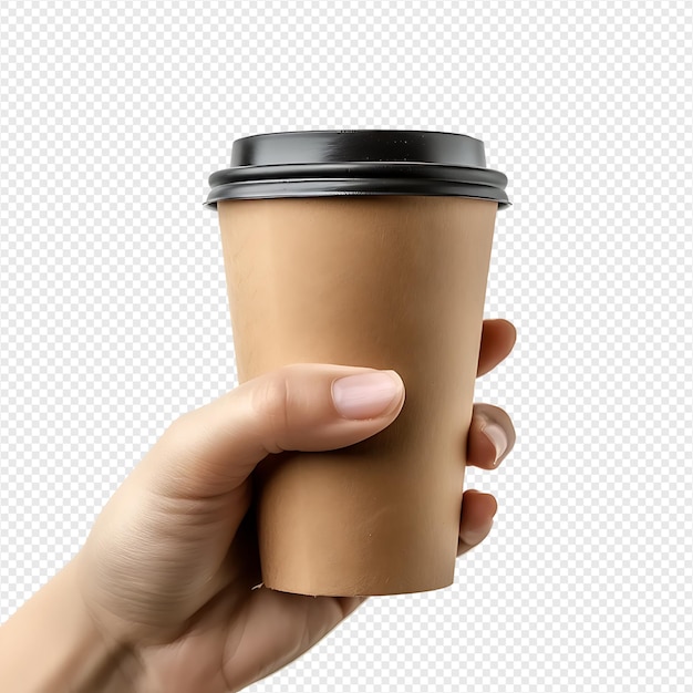 PSD hand holding paper coffee cup for mockup on isolated transparent background