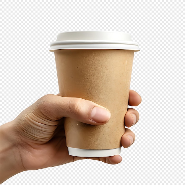 Hand holding paper coffee cup for mockup on isolated transparent background