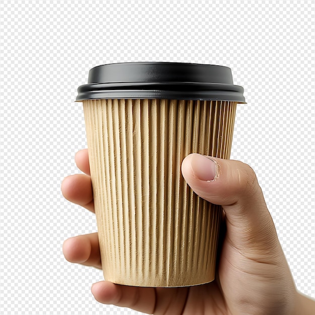 PSD hand holding paper coffee cup for mockup on isolated transparent background