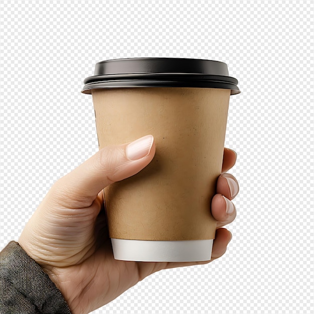 PSD hand holding paper coffee cup for mockup on isolated transparent background