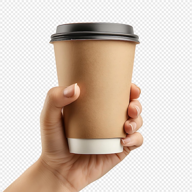 PSD hand holding paper coffee cup for mockup on isolated transparent background