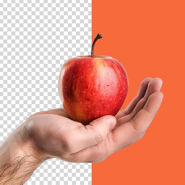 PSD hand holding a perfectly ripe apple png isolated on transparent background