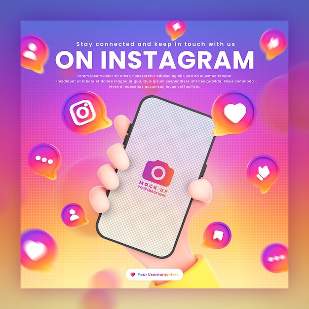 Hand holding phone instagram icons around 3d rendering mockup for promotion instagram post template