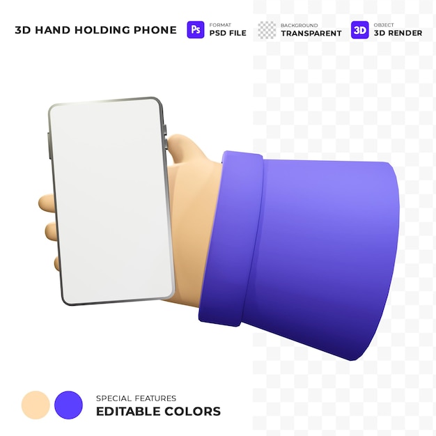 Hand Holding Phone with Blank Screen Mockup and Editable Color