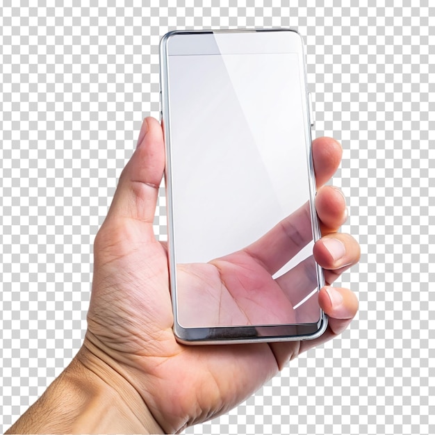 Hand holding a phone with reflection on screen on transparent background