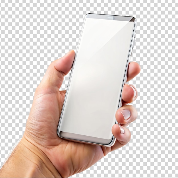 Hand holding a phone with reflection on screen on transparent background