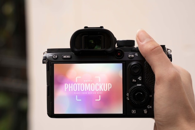 PSD hand holding photo camera mockup