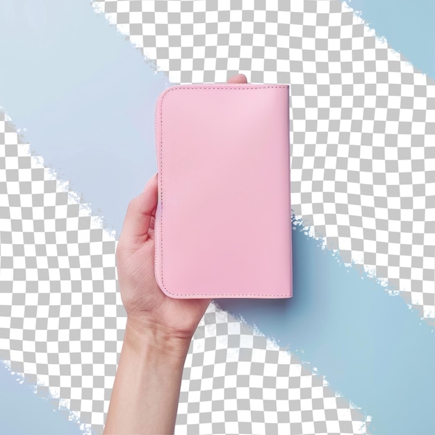 PSD a hand holding a pink wallet with a blue background with a white checkered pattern