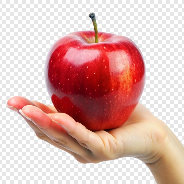 Hand holding a red apple isolated on transparent background