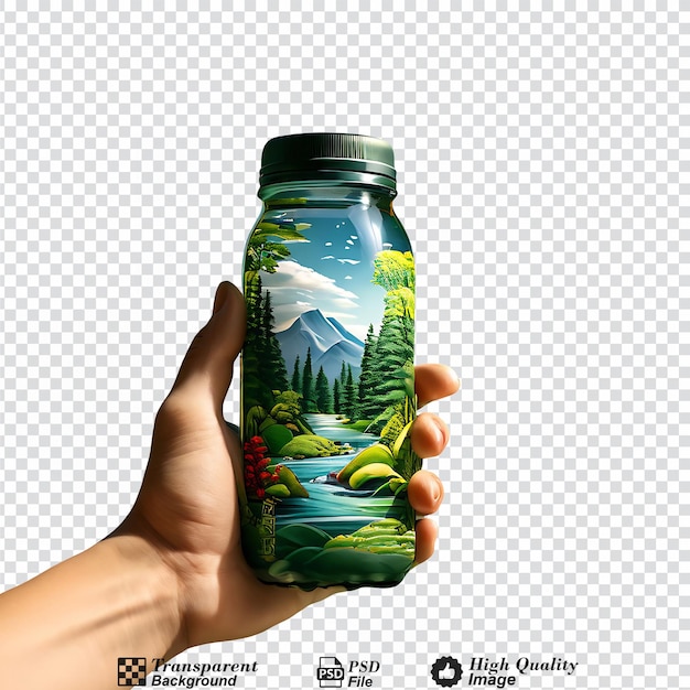 hand holding a reusable thermo water bottle with nature in the outdoor conceptobject on plain color isolated