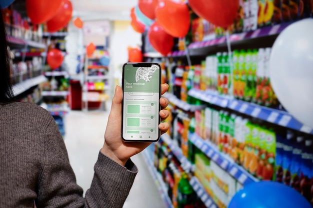 Hand holding smartphone in supermarket