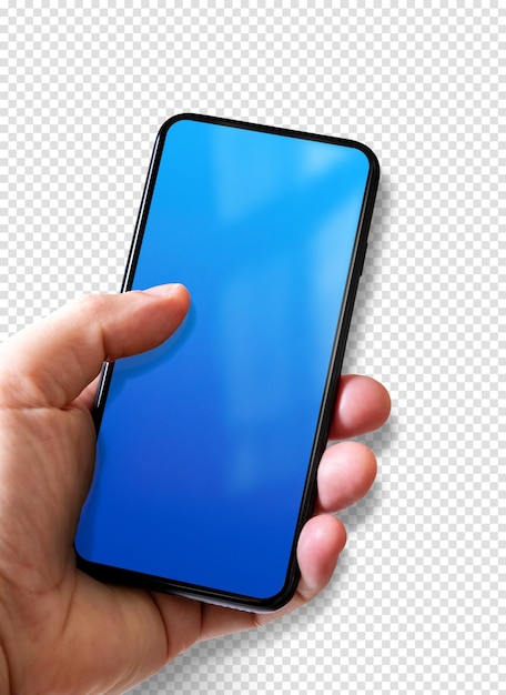 Hand holding a smartphone with blank blue screen Isolated on transparent background with shadow