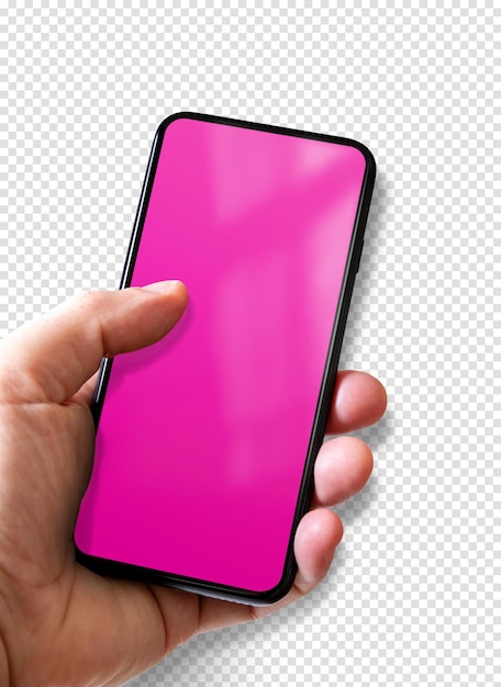 Hand holding a smartphone with blank pink screen Isolated on transparent background with shadow