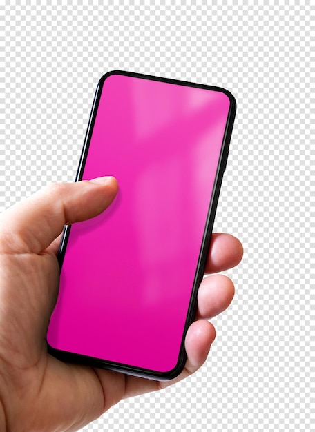 Hand holding a smartphone with blank pink screen Isolated on transparent background with shadow