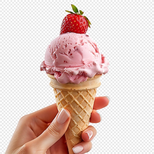 PSD hand holding strawberry ice cream on isolated transparent background