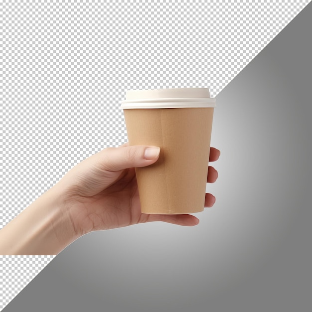 PSD hand holding a takeaway coffee cup on a white background