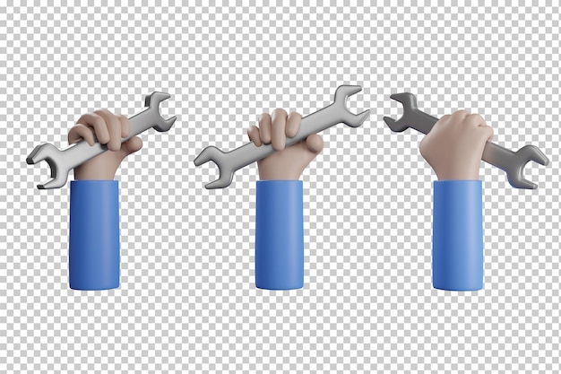 Hand holding wrench isolated 3D rendering