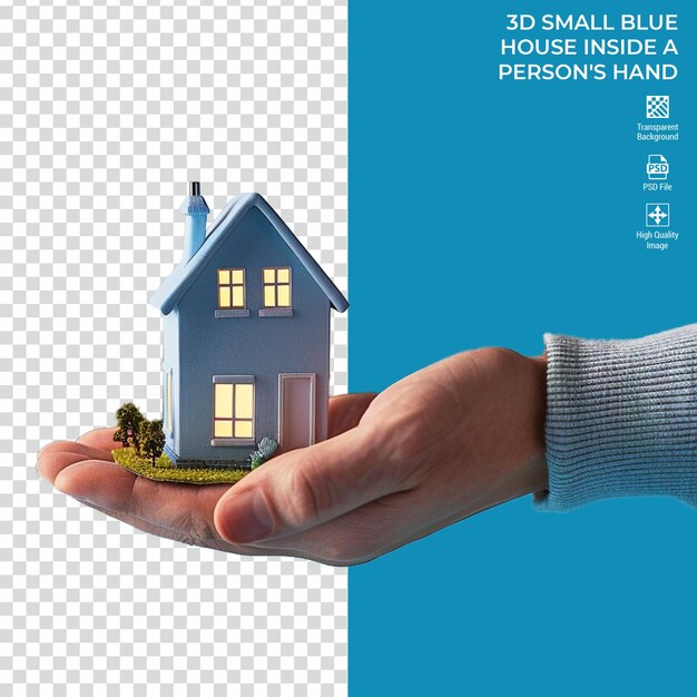 PSD a hand holds a small blue house that says  small blue blue blue blue color