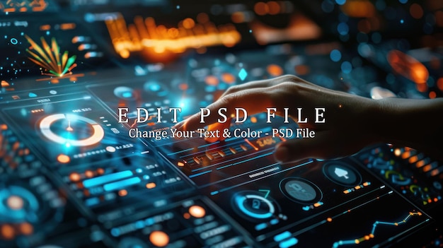 PSD hand interacting with futuristic digital interface