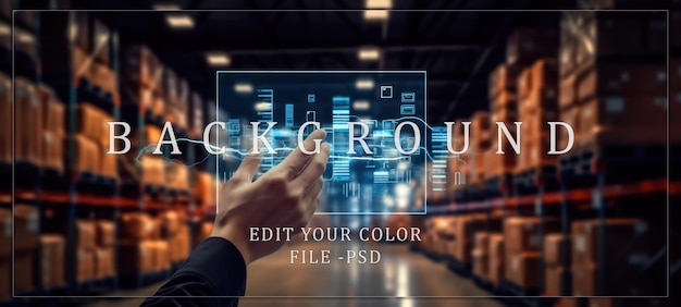 PSD hand interacting with a futuristic interface in a warehouse