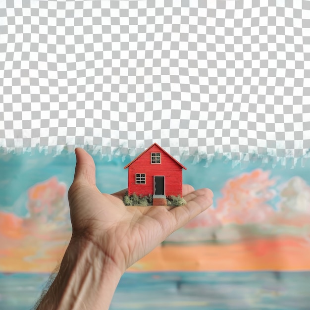 PSD a hand is holding a house with a red house on the screen