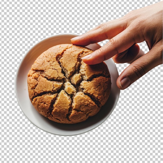 PSD a hand offering a freshly baked cookie on a small plate isolated